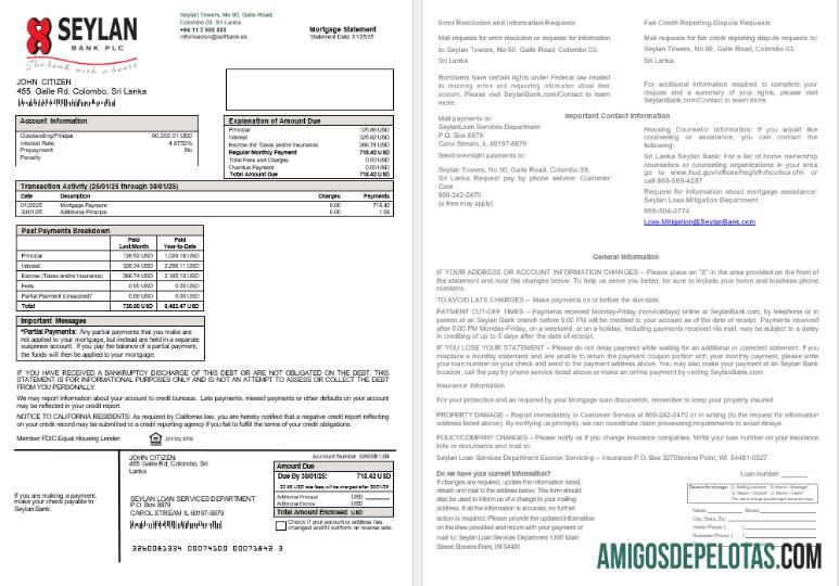 Extrato de hipoteca do Sri Lanka Seylan Bank, 2 páginas exemplo real